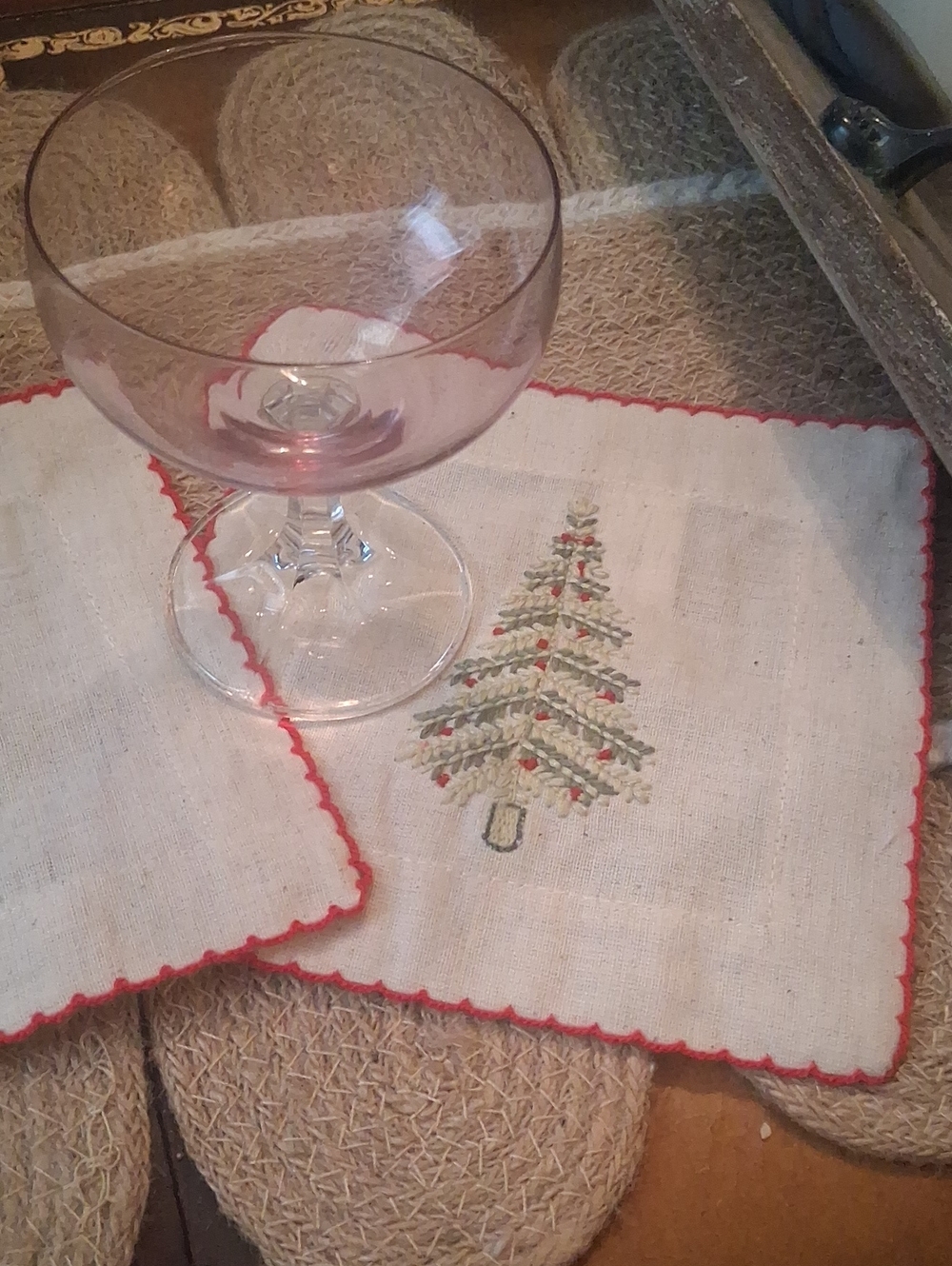 Vintage Hand-Embroidered Christmas Tree Cocktail Napkins - White with Red Trim